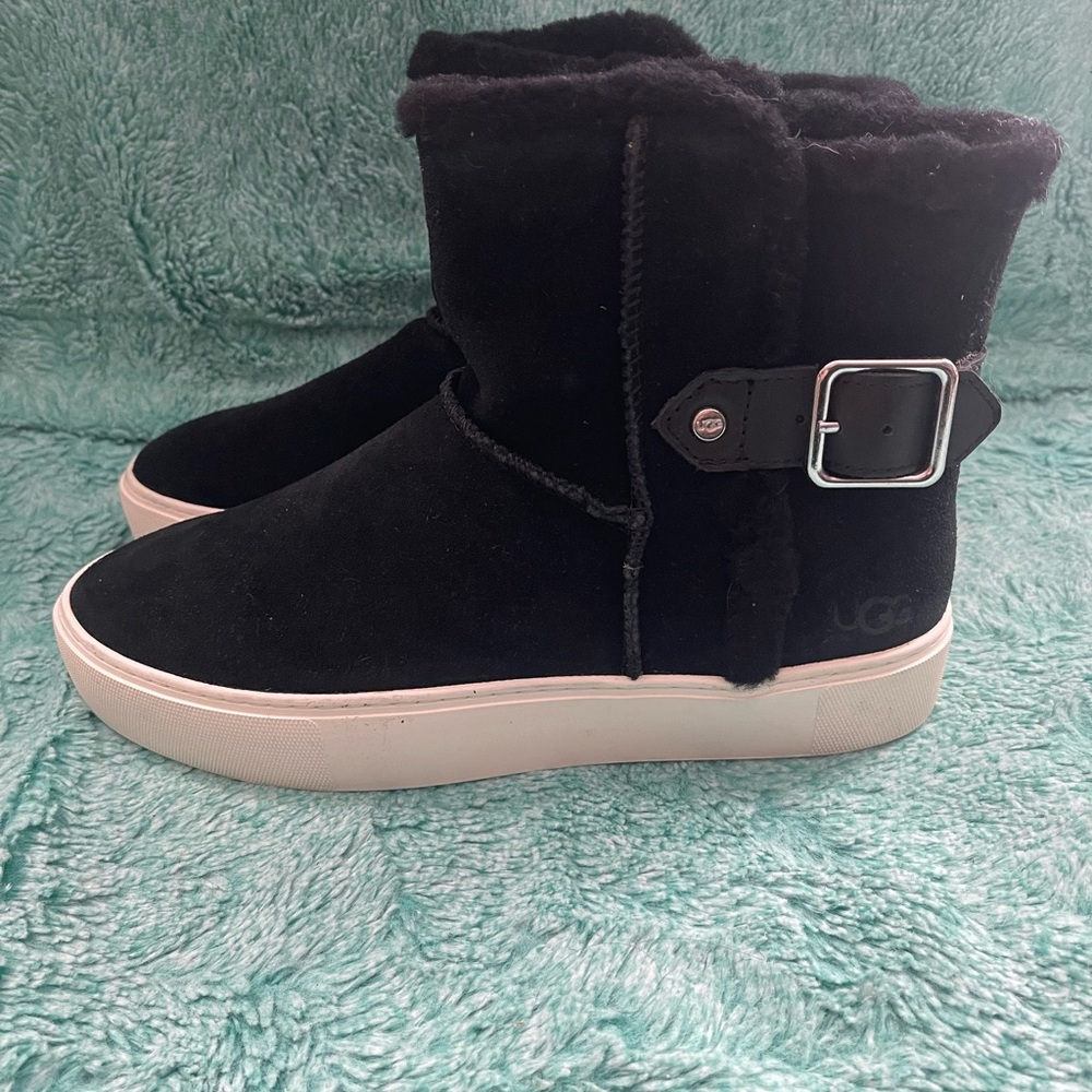 UGG Black Suede Shearling Ankle Boot with Buckle